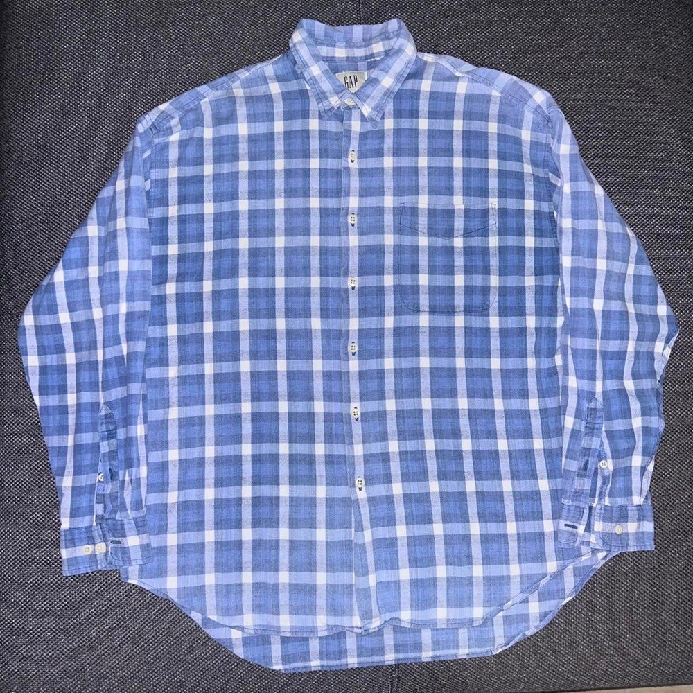 Vintage Y2K Gap Blue Linen Long Sleeve Button Shirt Size 2XL Casual Preppy